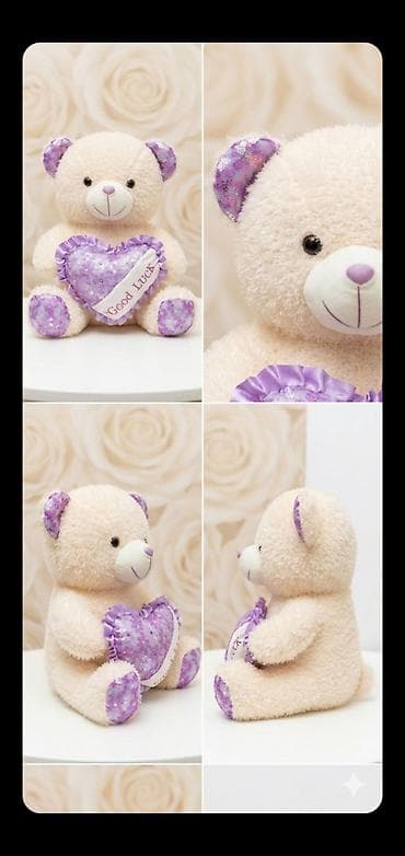 ucuz hediyeler: Bənövşəyi ürəkli oyuncaq ayı - Rəng: krem rəngi tüklü gövdə, qulaq — 1