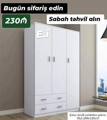 Dolablar: Yeni, 3 qapılı, Siyirməli, Ağ, Açılan, Düz dolab — 1