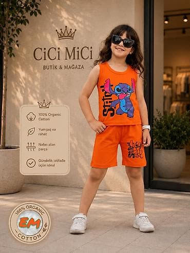 Детская одежда и обувь: Uşaq dəsti – narıncı rəngdə mayka və şort - Material: 100% orqanik — 1