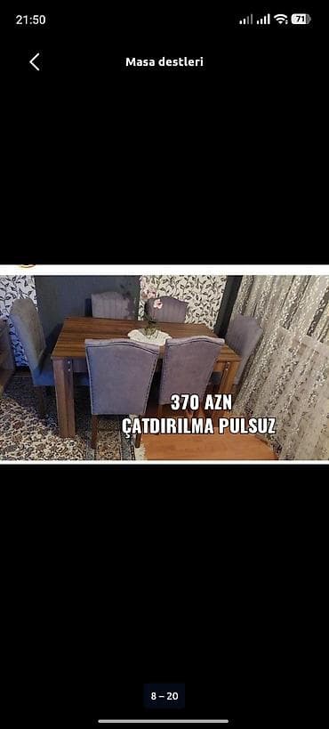 stol uzu: Qonaq otağı üçün, Yeni, Açılmayan, Dördbucaq masa, 6 stul — 1
