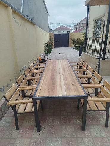 ev bag: Dördbucaq masa, 10 stul, Açılmayan, Skameykalar ilə, Taxta — 1