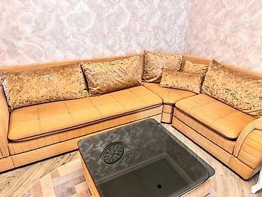 Künc divan dəsti - Model: L‑şəkilli künc divan + puf/çay masası - — 2