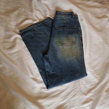 qaqa şalvarı: Geniş kəsimli mavi cins şalvar - Klassik mavi yuma, ön və arxa — 2