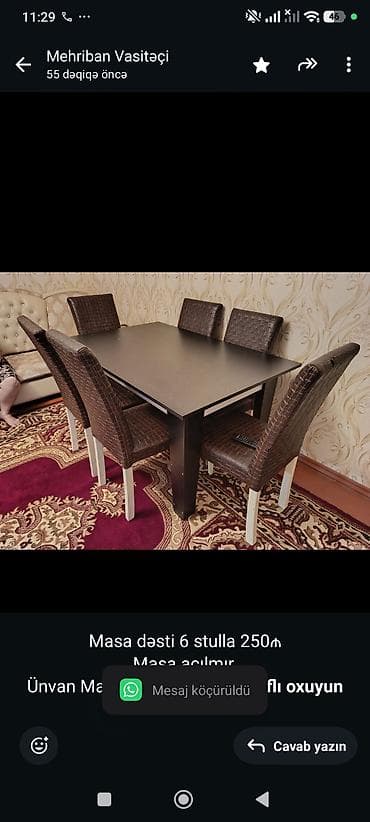 Masa dəsti 6 stulla 250₼
 Masa açılmır. 
Ünvan Maştağa (90335)
M Ⓜ️