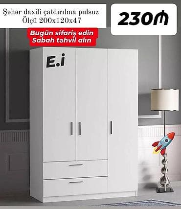 Ağ rəngli 3 qapılı geyim dolabı - Ölçü: 200×120×47 sm (şəkildə — 1