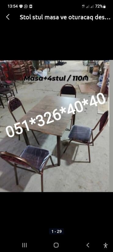 Masa və oturacaq dəstləri: Qonaq otağı üçün, Yeni, Dördbucaq masa, 4 stul — 1