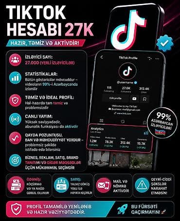 ПО для бизнеса: Tiktok hesabı 27k 🔹 İzləyici sayı: 27.000 ( yerli zləyicilər) 🔹 — 1
