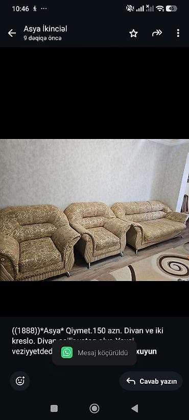((1888))*Asya* Qiymet.150 azn. Divan ve iki kreslo. Divan açilir yataq