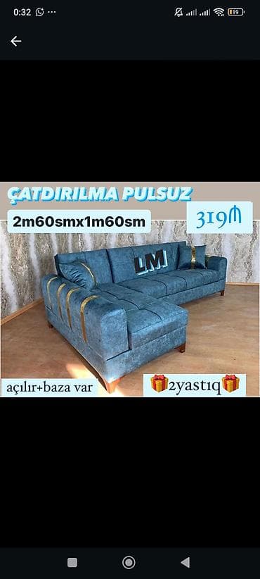 krep parca: Künc divan – mavi rəng, zərif qızılı dekor xətləri ilə. Ölçü: 2 m 60 — 1