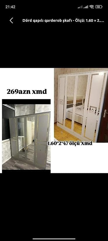dolab gence: Yeni, 4 qapılı, Güzgülü, Ağ, Açılan, Düz dolab — 1