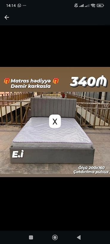 matrasi: Mebelli çarpayı – ölçü 200x160. - Rəng: boz, başlıqda şaquli tikiş — 1