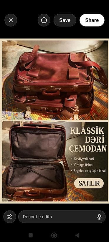 Klassik dəri çemodan - Material: qalın, keyfiyyətli təbii dəri -
