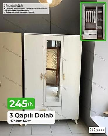 skafi: 3 qapılı paltar dolabı – 47×200×120 sm - Material: 18 mm laminat - — 1