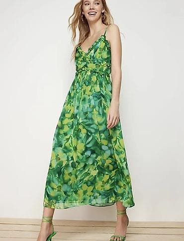 Yaşıl çalarların akvarel effektli çiçək naxışlı qadın paltarı - — 5