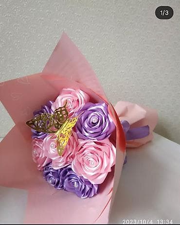 kağız skoç: Kompozisiya: Dekorativ gül buketləri - Satən lentdən hazırlanmış əl — 1