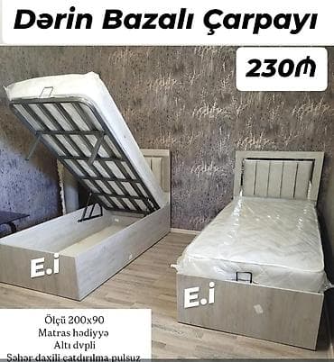 kreslo tek: Dərin bazalı çarpayı. Ölçü: 200x90 sm. Altı dvplidir. Matras — 1
