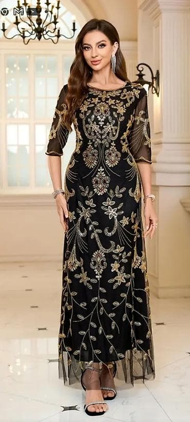 vecerni don: Zərif gecə/libas – qara rəngdə, qızılı və gümüşü naxışlı - Model — 1