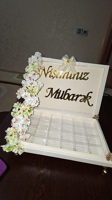 qutu satışı: Nişan üçün dekorativ şirniyyat/qızılgül qabı - Material: ağ rəngli — 3