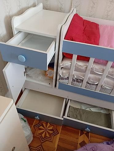 taxta komod: Uşaq beşiyi – çoxfunksiyalı model - Rəng: ağ + açıq mavi - Material — 1