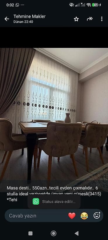 stol ev ucun: Masa desti. 550azn. tecili evden çıxmalıdır. 6 stulla ideal — 1