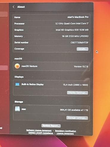 İşlənmiş Apple MacBook, 15.4 ", Intel Core i7, 512 GB — 6