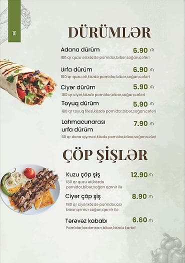 et dukani: Menyuda dürümlər və çöp şişlər Dürümlər - Adana dürüm – 180 q quzu — 1