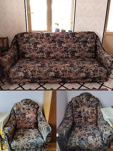 2 el mebel: İşlənmiş, Di̇van-kravat, 2 kreslo, Bazalı, Açılan — 1