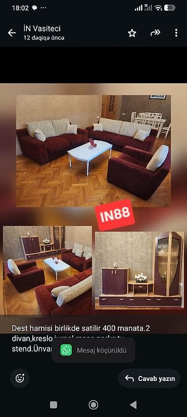 Dest hamisi birlikde satilir 400 manata.2 divan,kreslo,jurnal