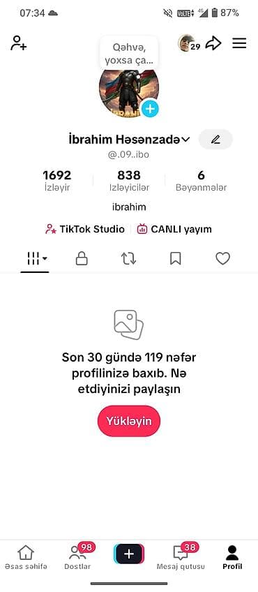 SATILIR TİK TOK HESABI 4AZN real alıcıya endirim var