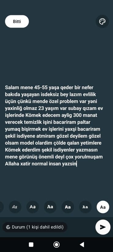 evde iw: Xidmət: Ev işlərində köməkçi Təsvir: - Yaş: 23, subay - Bacarıqlar — 1