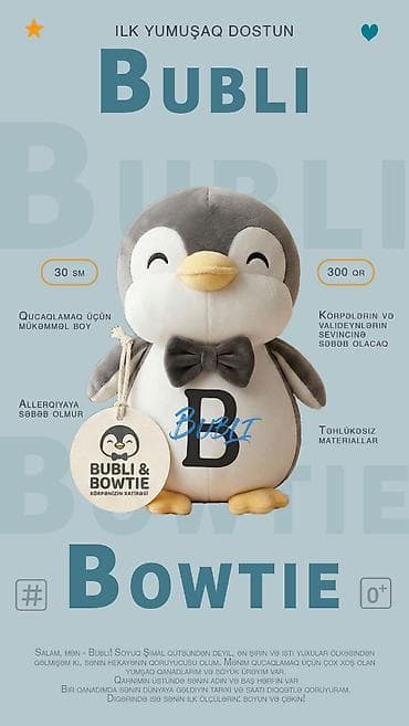Bubli & Bowtie – fərdiləşdirilən yumşaq pinqvin oyuncaq - Ölçü