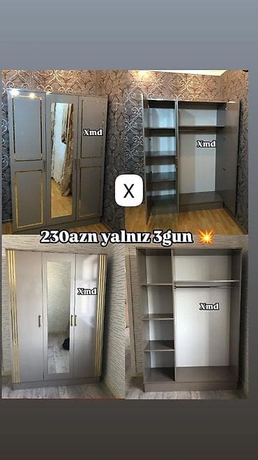Mebel: Üç qapılı paltar şkafı – güzgülü ön panel ilə. - Rəng: boz (qızılı — 1