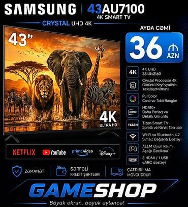 Samsung 43AU7100 – 43" Crystal UHD 4K Smart TV Əsas xüsusiyyətlər: -