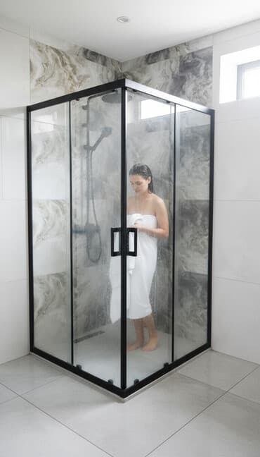 Vannalar: Qara çərçivəli, şüşə duş kabinəsi. İki qapısı var və otağa müasir — 1