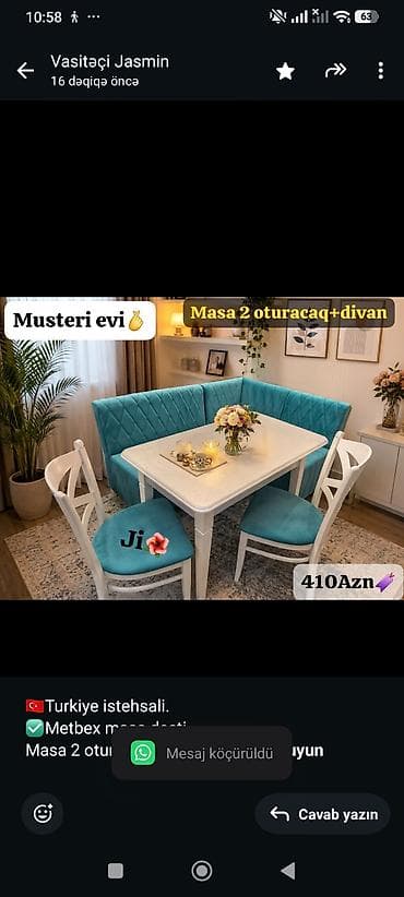 bag stullari: 🇹🇷Turkiye istehsali. ✅Metbex masa desti Masa 2 oturacaq+divan Masa — 1