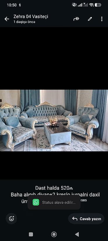 Dəst halda 520₼ Baha alınıb divan+2 kreslo jurnalni daxil ünvan