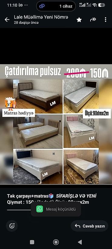 tek krafat: *Tək çarpayı+matras🎁* _*SİFARİŞLƏ VƏ YENİ*_ *Qiymət : 150₼*(1ədədi) — 1