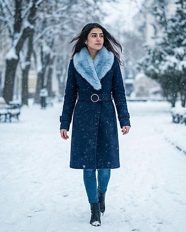 Qadın üst geyimləri 1) Göy palto - Dizə qədər uzunluq - İki yan — 4