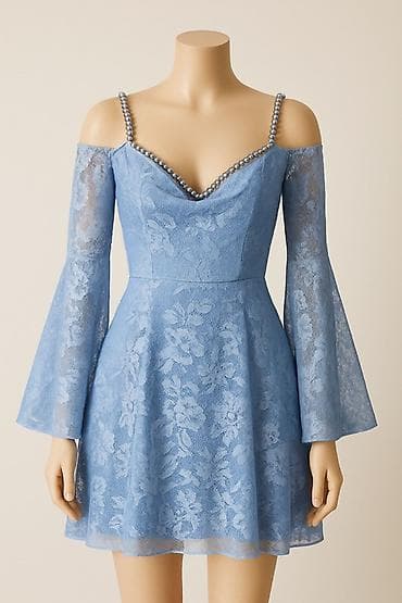 Məhsul: Zərif mavi qısa don - Model: A-kəsim mini don - Parça: Çiçək