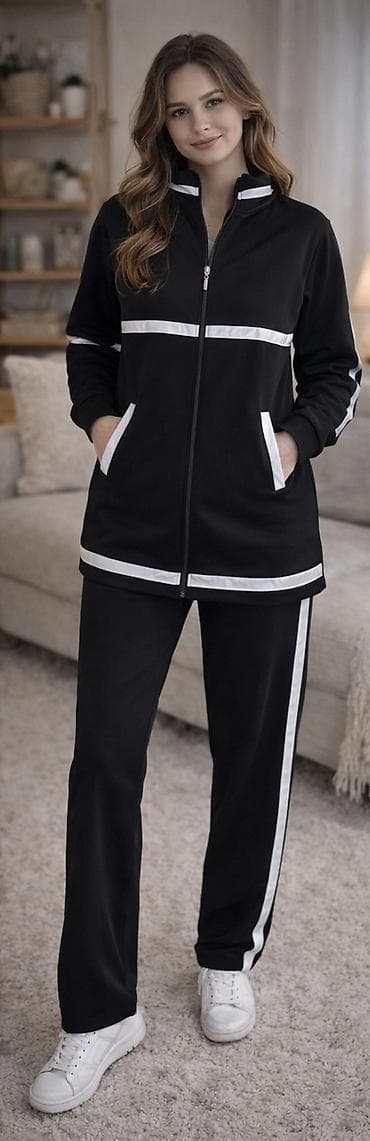 cool paltar: Qara rəngdə idman dəsti - Qadın üçün - Dəst: uzun qollu fermuarlı üst — 2