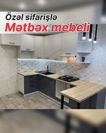 Özəl sifarişlə mətbəx mebeli - L‑şəkilli layihə: üst və alt dolablar