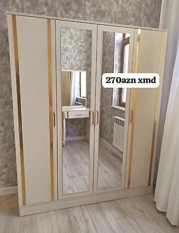 Dördkapılı geyim dolabı - Rəng: açıq krem tonunda, qızılı dekor