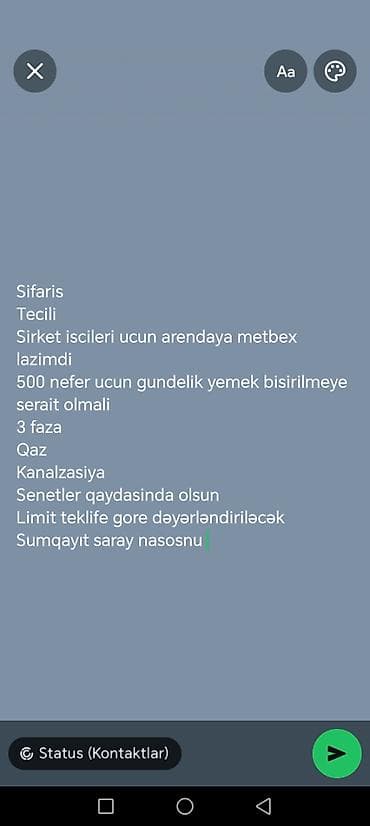 Sifaris Tecili Sirket iscileri ucun arendaya metbex lazimdi 500 nefer