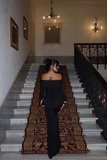 Qadın geyimləri: Qadın gecə libası – off-shoulder, uzun - Rəng: qara - Fason — 3