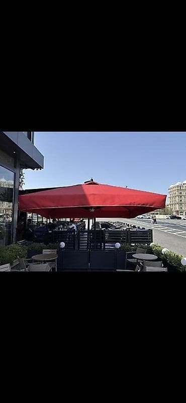 ev tipi çadır: Böyük ölçülü terras/kafe çətiri – mərkəzdən açılan, qırmızı rəngli — 1