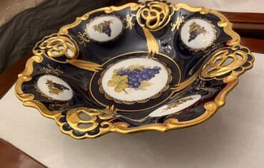 meyve qabı: Kobalt 2 eded var.Tünd göy rəngdə, qızılı haşiyəli və üzüm təsvirləri — 3