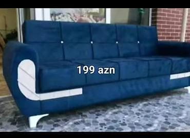 Mavi rəngli, müasir dizaynlı divan. - Yumşaq parça üzlük, düyməli