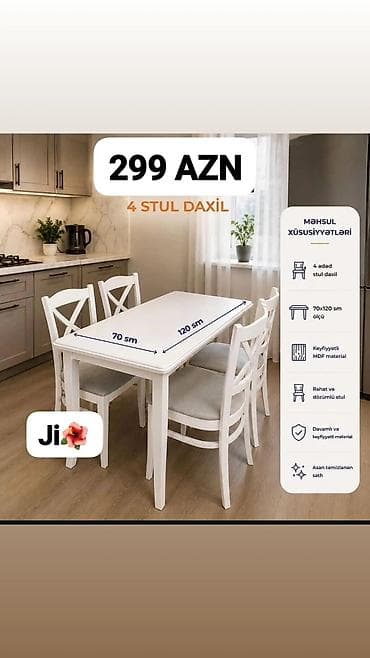 Ağ rəngdə yemək masası dəsti - Dəstə 4 ədəd stul daxildir - Masanın lalafo.az -da Ağ rəngdə yemək masası dəsti - Dəstə 4 ədəd stul daxildir - Masanın