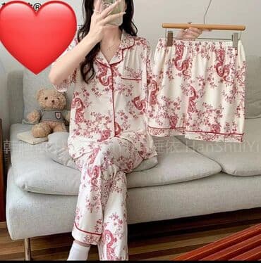 Çimərlik geyimləri: Nəfis naxışlı, qısaqol köynək və şalvardan ibarət qadın pijama dəsti — 2