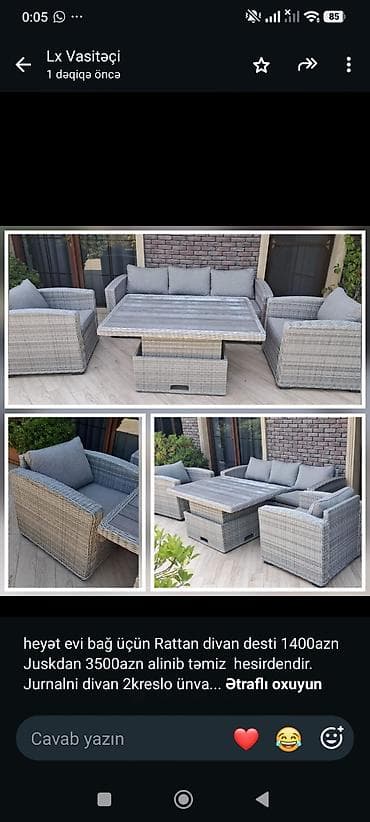 Heyət evi bağ üçün Rattan divan desti 1400azn Juskdan 3500azn alinib — 1
